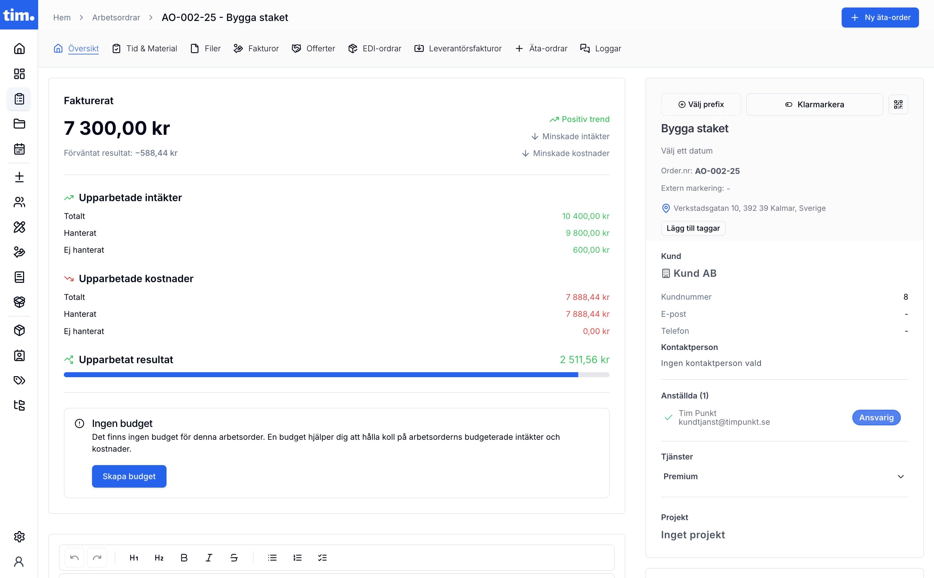 Adminpanel i Timpunkt digitalt arbetsordersystem som visar en översikt.