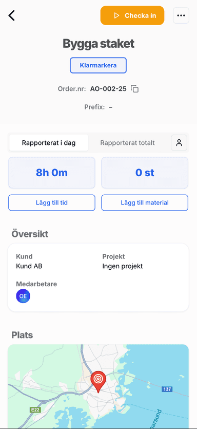 Mobilvy för tidsspårning i Timpunkts system för arbetsorderhantering.